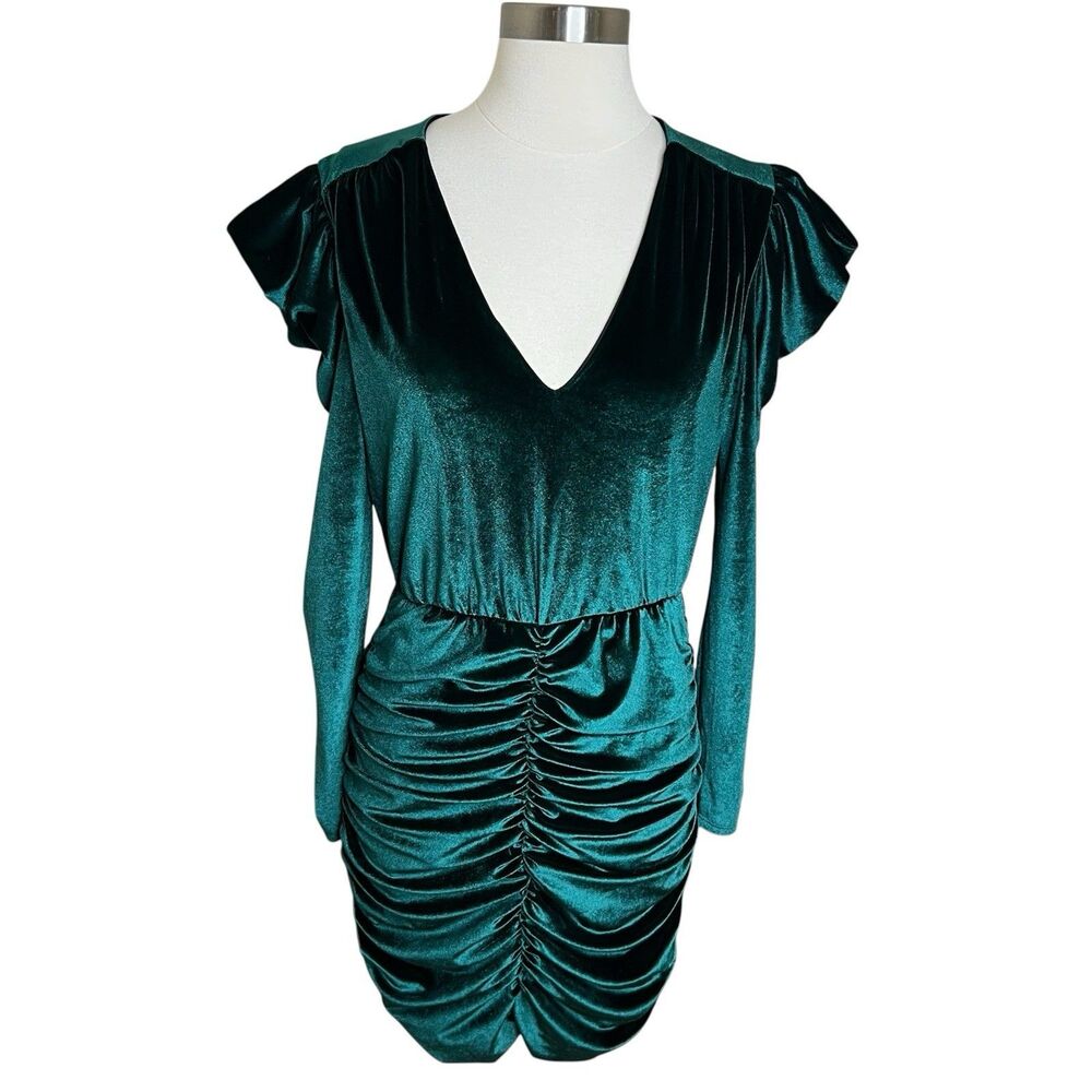 Karen Millen Velvet Mini Dress Womens US 6 Teal Green Ruched Puff Sleeves